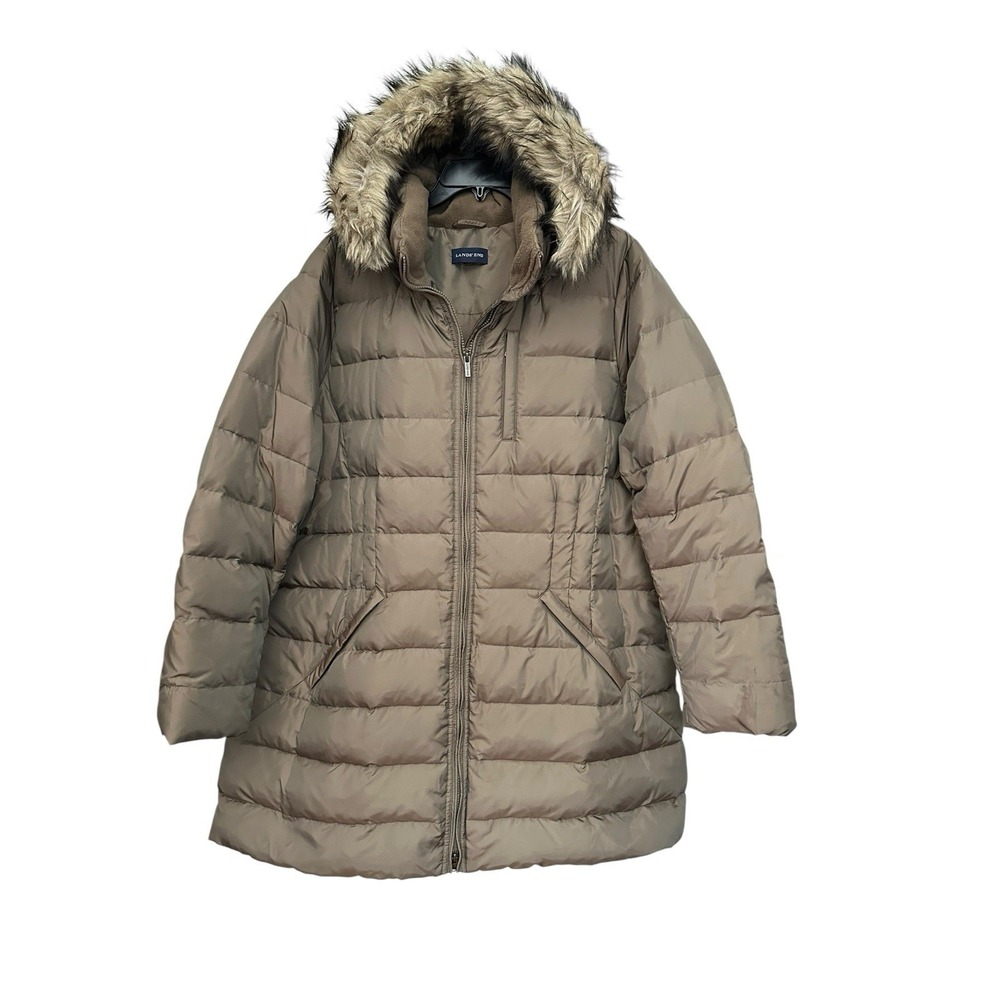 LANDS END COAT Womens 2XL Down‎ Feather Brown Quilted Puffer Jacket Hooded #RR-8